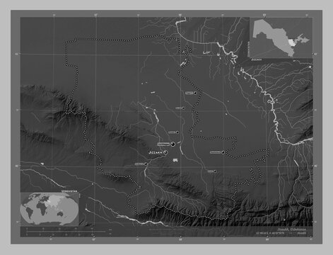 Jizzakh, Uzbekistan. Grayscale. Labelled points of cities