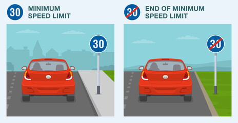 Safe car driving tips and traffic regulation rules. Minimum speed limit and end of limit sign. Back view of a red car on roads. Flat vector illustration template.