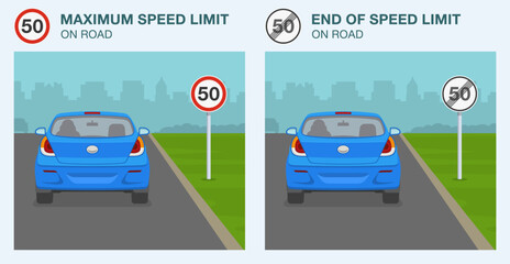 Safe car driving tips and traffic regulation rules. Maximum speed limit and end of speed limit signs. Back view of a car on city road. Flat vector illustration template.