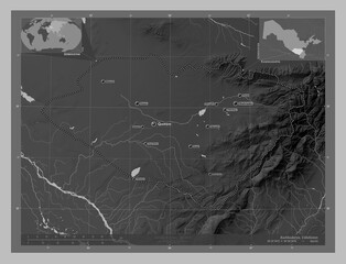 Kashkadarya, Uzbekistan. Grayscale. Labelled points of cities