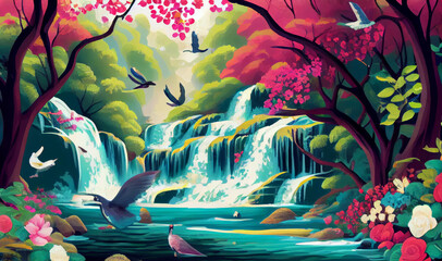 3d mural colorful landscape . flowers branches multi colors with trees and water . Waterfall and flying birds . suitable for print on canvas. ai