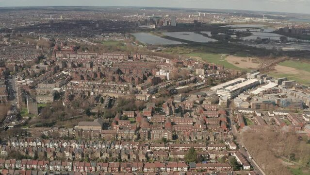 Circling aerial shot over Clapton residential housing east London