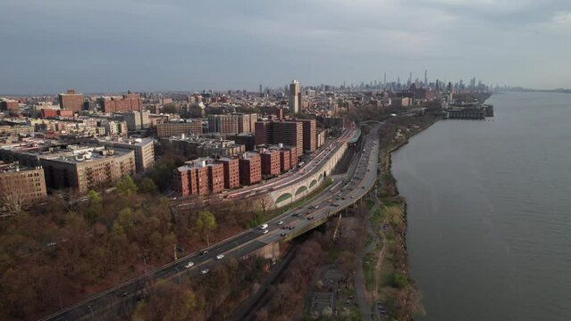 Traffic on NYC's West Side Highway.  Evening drone clip.
