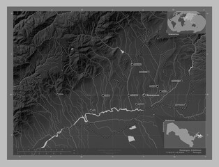Namangan, Uzbekistan. Grayscale. Labelled points of cities