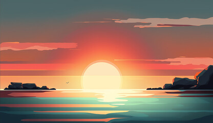 Fototapeta na wymiar Seaside Sunset: A Tranquil Sunset Scene with a Calm Ocean and Soft Colors. 3d rendering. Generative AI