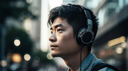 A asian Men listening to music 
on headphones in the outdoor background Generative AI