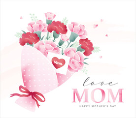 Mother's day greeting card with beautiful bouquet of Carnation flowers.
