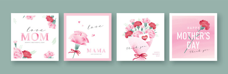 Set of Mother's day greeting cards with watercolor carnation flowers. - 592154773
