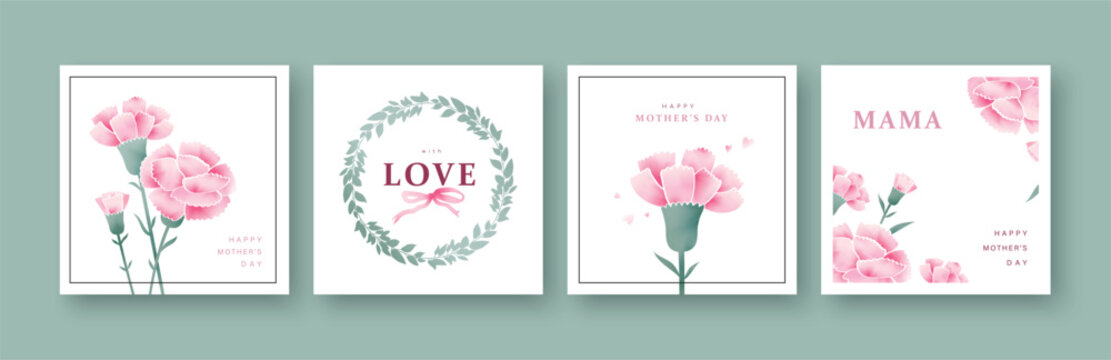 Set of Mother's day greeting cards with carnation flowers.