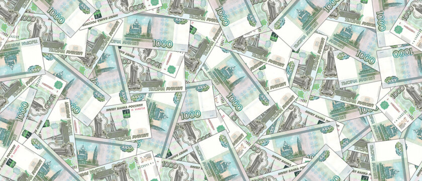 Financial illustration. Wide seamless pattern. Randomly scattered paper banknotes of Russia with a face value of 1000 rubles. Russian wallpaper or background.