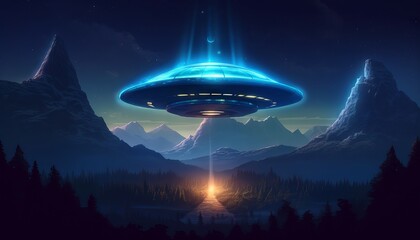 Naklejka na ściany i meble image of an illuminated UFO spaceship hovering over a mountainous landscape. Generative ai