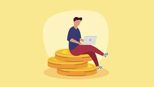 coins money dollars with man using laptop animation