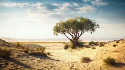 Fototapeta na wymiar A lonely tree in a desert area. Generative AI