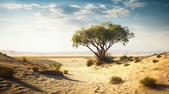 A lonely tree in a desert area. Generative AI