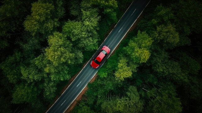 Red car in the forest highway aerial view. Road in the forest top view. Generative AI