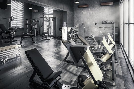 Body Building Center With Exercise Machines - black and white 3D Visualization