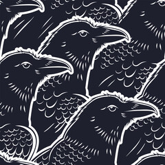 Vector Black and white Raven Seamless Pattern