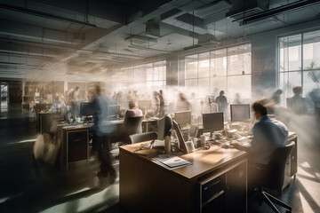Fuss in the office. Fast movement of office workers in a business atmosphere. Generative AI