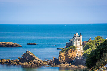 Cote des Basques beach in Biarritz, France with a view of the Villa Belza