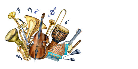 Composition of variouse musical instruments and symbol watercolor illustration isolated © Ekaterina Lanbina