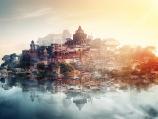 Naklejka premium Travel and adventure concept multiple exposure. Generative AI