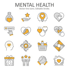 Mental health icons, such as donation, charuty, empathy, volunteer and more. Vector illustration.  Editable stroke.