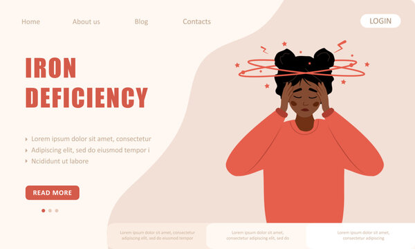 Iron deficiency concept. Landing page template. Sad african woman with dizziness. Lack of iron in immune system. Vector illustration in flat cartoon style.