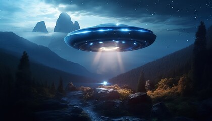 Naklejka na ściany i meble image of an illuminated UFO spaceship hovering over a mountainous landscape. Generative ai