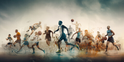 Multiple exposure concept of sport and active lifestyle. Generative AI - obrazy, fototapety, plakaty