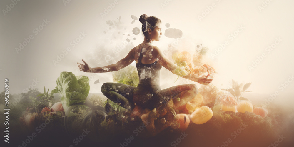 Canvas Prints Multiple exposure concept of yoga relaxation and active lifestyle. Generative AI