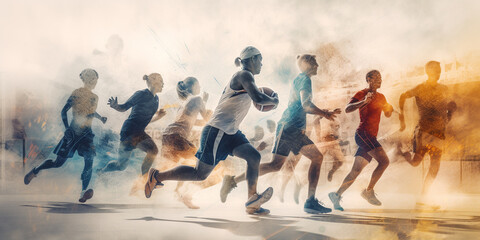Fototapeta na wymiar Multiple exposure concept of sport and active lifestyle. Generative AI