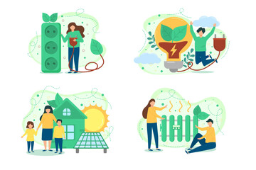 Ecology. The characters develop the concept of green energy. Green sustainable development illustration. The concept of green electricity and energy saving. Vector illustration.