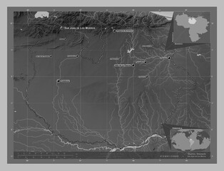 Guarico, Venezuela. Grayscale. Labelled points of cities
