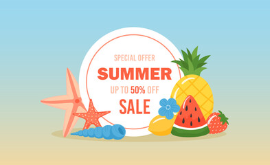 Summer Sale horizontal banner concept with fruit and starfish. Beach holidays, vacation Discount Sale. Promotion template background. Flat vector illustration