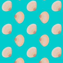 Marine seamless pattern, background with beige, brown scallop, mollusk shells on a turquoise, green background. Design for printing on wallpaper, fabric, clothing, dishes. Vector image, illustration.