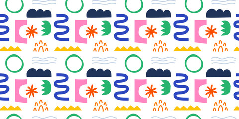 Abstrcat geometric shapes seamless pattern. Colorful organic doodles.Funny random simple forms background in cutout style. Flat Contemporary texture design vector illustration