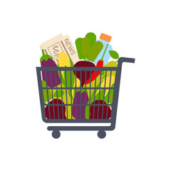 Online shopping, Food delivery. Icons to express, delivery Home. trolley, grocery cart for vegan with vegetables and fruits. Vector illustration