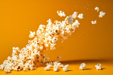 Tasty snacks, junk food as guilty pleasures, snacks in the cinema with a good movie, popcorn on a yellow background. Fast food explosion. Illustration, Generative AI.