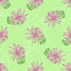 Vector seamless pattern with different cactus. Bright repeated texture with green cacti. Natural hand drawing background with desert plants for fabric, paper and other printing and web projects.