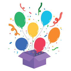 Opened box with a bright multicolored balloons and confetti. Vector illustration on a white background