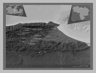 Miranda, Venezuela. Grayscale. Labelled points of cities