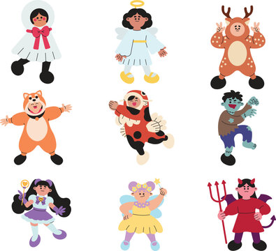 Set of cute children in carnival costumes. Vector illustration in cartoon style