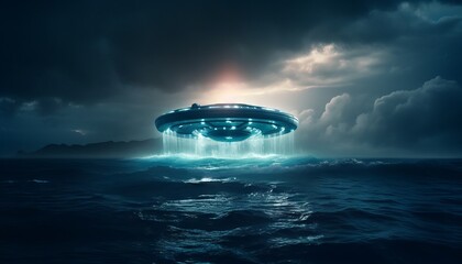 Fototapeta na wymiar image of an illuminated UFO spaceship hovering over a stormy ocean. Generative ai