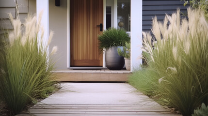 beautiful stylish suburban house , Grass in pot and wooden path in front of door.