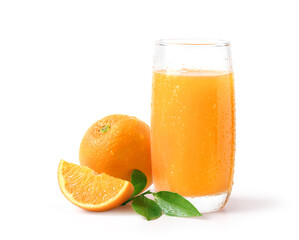 Cool 100% Orange juice with orange sacs and slices fruits isolate on white background.