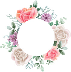 PrintRose white and pink Watercolor floral frame. Luxurious floral elements, botanical background or wallpaper design, prints and invitations, and postcards.