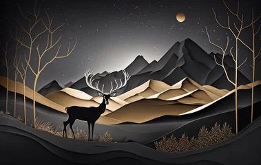 Zelfklevend Fotobehang Grijs 3d modern art mural wallpaper, night landscape with dark mountains, gray background with stars deer, black trees and golden waves, Generative AI