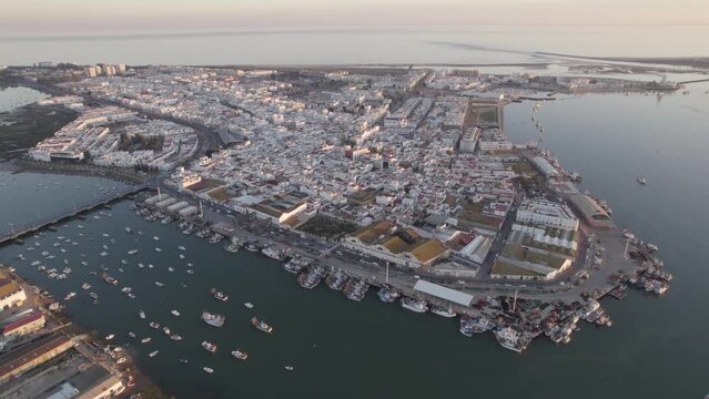 Isla Cristina waterfront village, Marina and the Atlantic Ocean, South Spain. Aerial view
