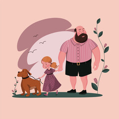 Little girl and bearded man with dog. Vector illustration in cartoon style. Father and daugher going for a walk