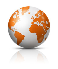 Orange earth globe isolated on white background